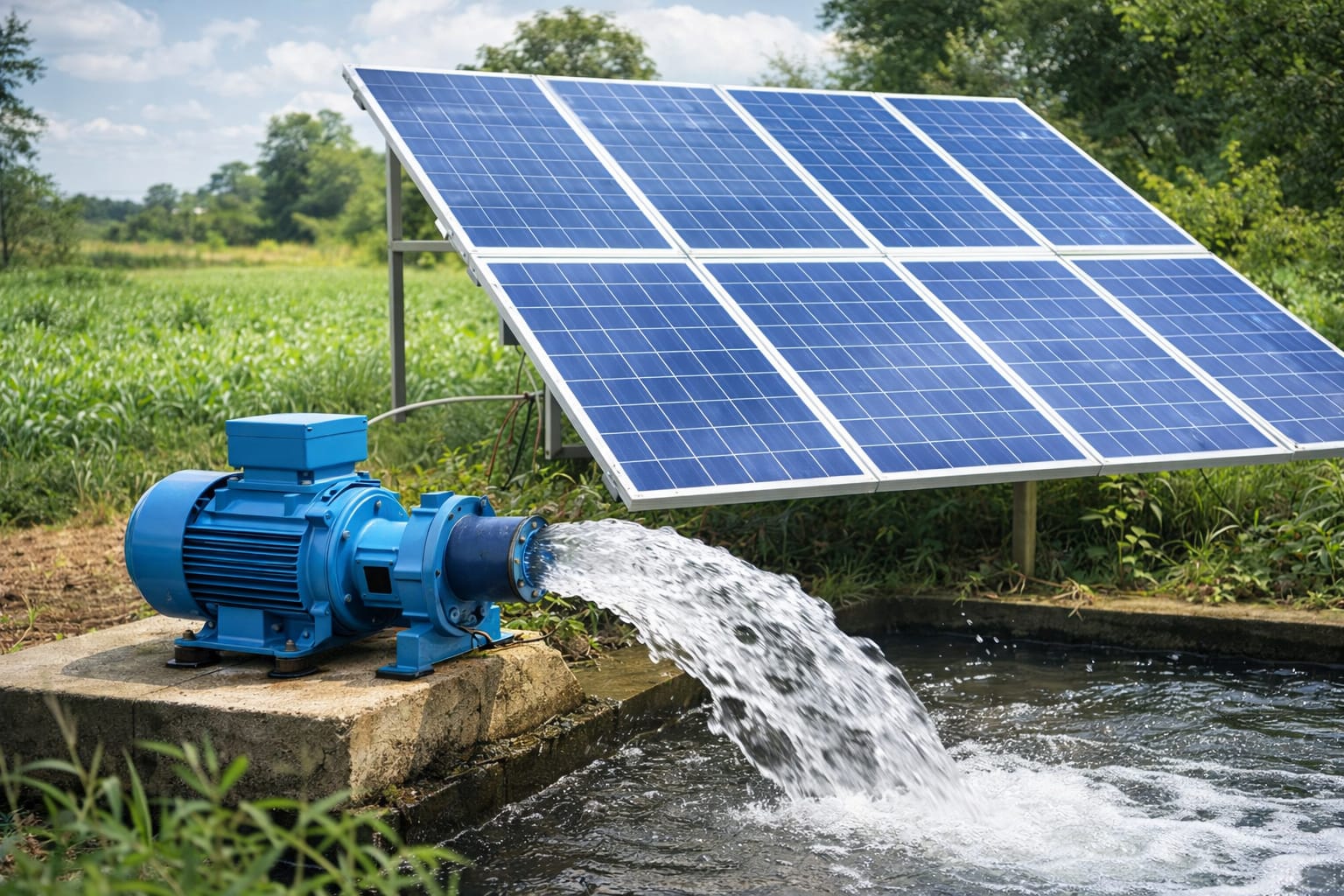 Solar water pump with photovoltaic solar panels installed for agricultural irrigation in Kenya